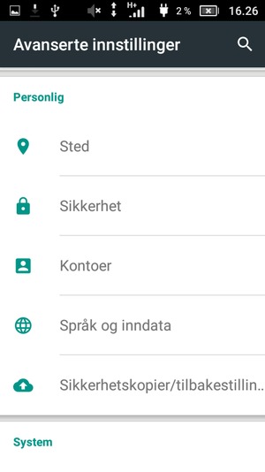 Gå tilbake til Avanserte innstillinger-menyen og velg Kontoer