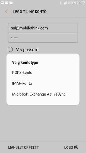 Velg Microsoft Exchange ActiveSync