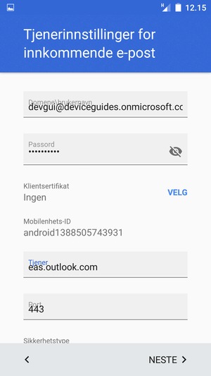 Skriv inn Brukernavn og Exchange serveradresse. Velg NESTE