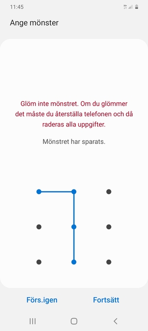 Rita ett upplåsningsmönster och välj Fortsätt