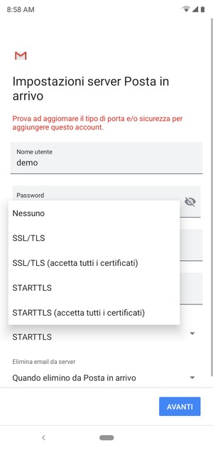 Seleziona Nessuno e AVANTI