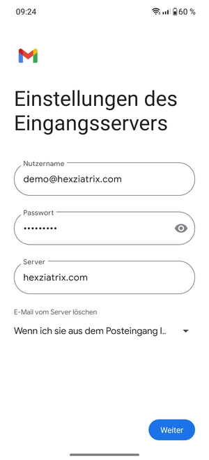 Geben Sie Benutzername und die Server-Adresse für eingehende Post ein. Wählen Sie Weiter