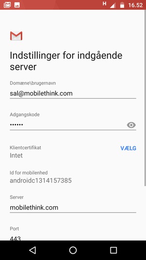 Indtast Brugernavn og Exchange serveradresse
