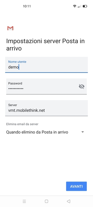 Inserisci Nome utente e l'indirizzo del server di posta in arrivo. Seleziona AVANTI