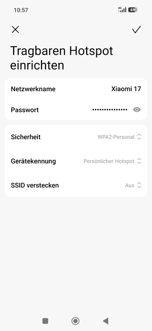 Geben Sie eine WLAN-Hotspot-Passwort mit mindestens 8 Zeichen ein und wählen Sie OK