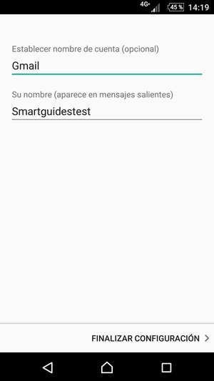 Déle a su cuenta un nombre y escriba su nombre. Seleccione FINALIZAR CONFIGURACIÓN