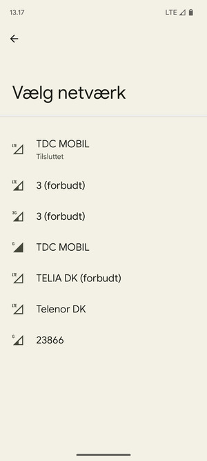 Vælg en netværksudbyder fra listen