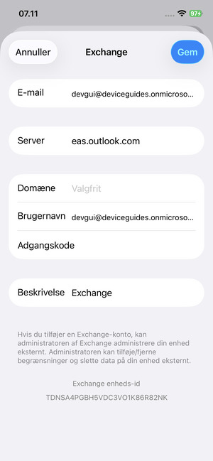 Indtast Exchange e-mail oplysninger og vælg Gem