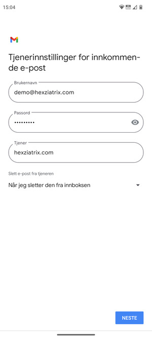 Skriv inn Brukernavn og innkommende serveradresse. Velg NESTE