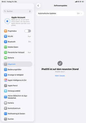 Falls Ihr iPad aktualisiert ist, wird Ihnen der folgende Bildschirm angezeigt
