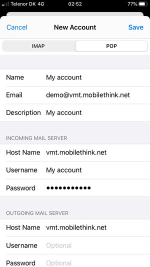 Select POP or IMAP and enter email information for INCOMING MAIL SERVER