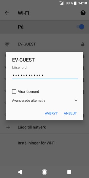 Ange lösenord till Wi-Fi och välj ANSLUT