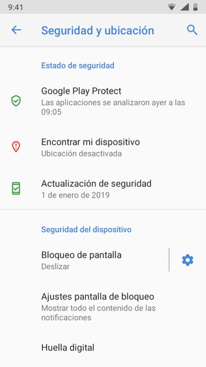 Para activar su bloqueo de pantalla, vaya al menú Seguridad y ubicación y seleccione Bloqueo de pantalla