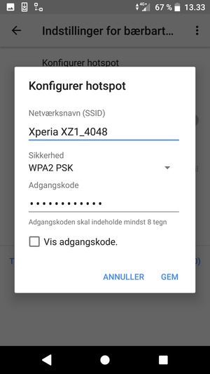 Indtast en Wi-Fi-hotspot adgangskode på minimum 8 tegn og vælg GEM