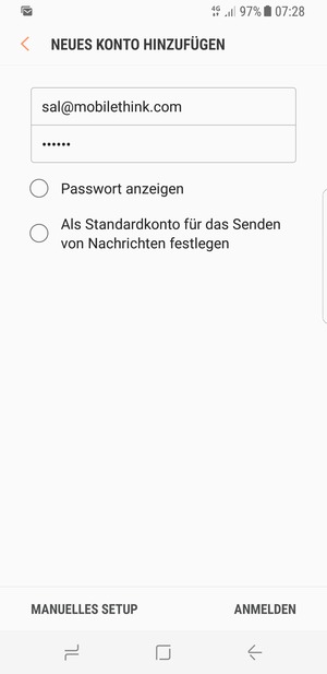 Geben Sie Ihre E-Mail-Adresse und Ihr Passwort ein. Wählen Sie MANUELLES SETUP