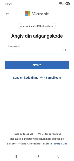 Indtast din adgangskode og vælg Næste