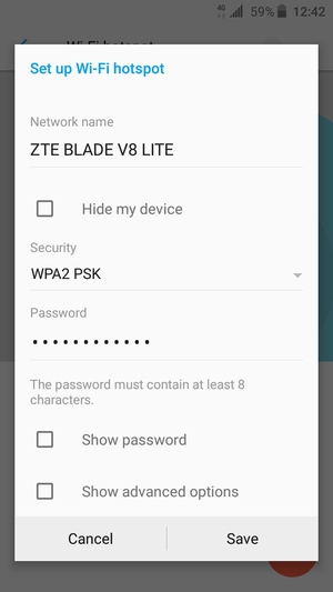 Enter a Wi-Fi hotspot password of at least 8 characters and select Save