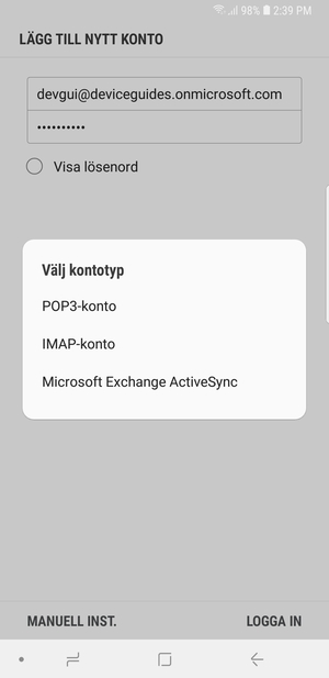 Välj Microsoft Exchange ActiveSync