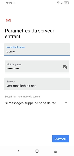 Saisissez votre Nom d'utilisateur et l'adresse du serveur entrant. Sélectionnez SUIVANT