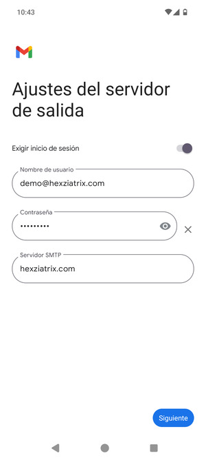 Introduzca la dirección de servidor saliente y seleccione Siguiente
