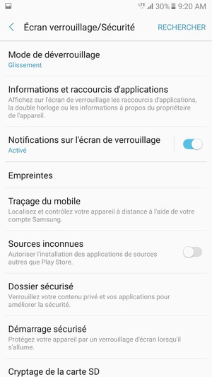 Pour activer votre écran de verrouillage, allez dans le menu Écran verrouillage/Sécurité et sélectionnez Mode de déverrouillage
