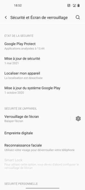 Pour activer votre écran de verrouillage, allez dans le menu Sécurité et Écran de verrouillage et sélectionnez Verrouillage de l'écran