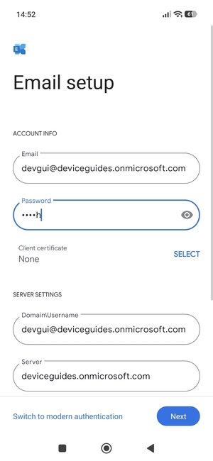 Enter Username and Exchange server address. Select Next