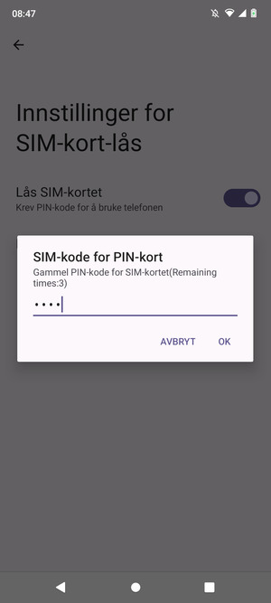 Skriv inn Gammel PIN-kode for SIM-kort og velg OK