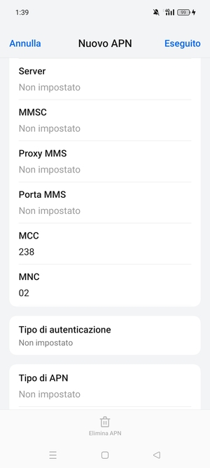 Scorri verso il basso e inserisci le informazioni di internet