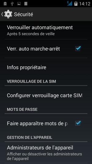 Pour modifier le code PIN de la carte SIM, retournez dans le menu Sécurité et sélectionnez Configurer verrouillage carte SIM