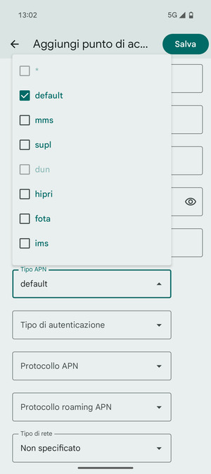 Assicurati che default sia selezionato