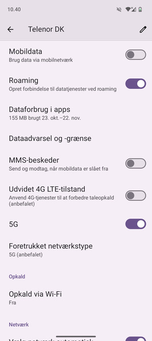 Slå Roaming til eller fra