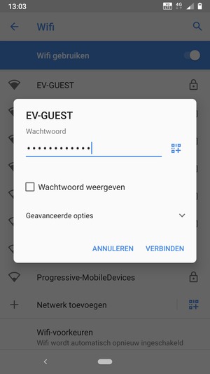 Voer het WiFi-wachtwoord in en selecteer VERBINDEN