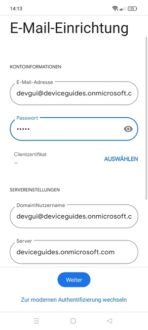 Geben Sie Benutzername und Exchange Server-Adresse ein. Wählen Sie Weiter