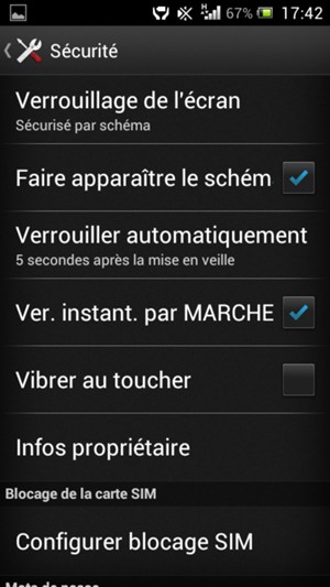 Pour modifier le code PIN de la carte SIM, retournez dans le menu Sécurité et sélectionnez Configurer blocage SIM