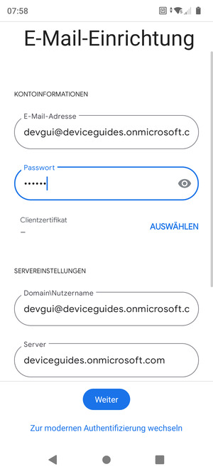 Geben Sie Benutzername und Exchange Server-Adresse ein. Wählen Sie Weiter