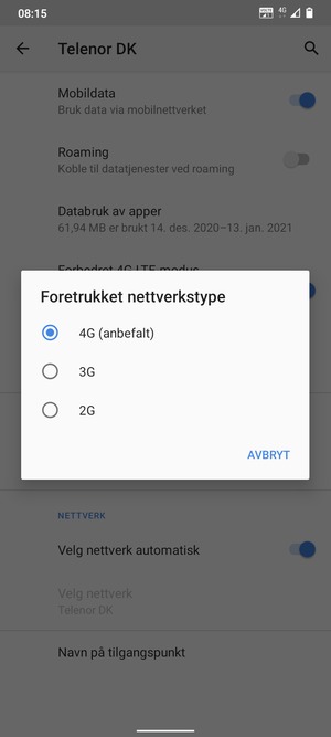 Velg ønsket alternativ
