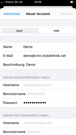 Wählen Sie POP oder IMAP und geben Sie E-Mail-Informationen für SERVER FÜR EINTREFFENDE E-MAILS ein