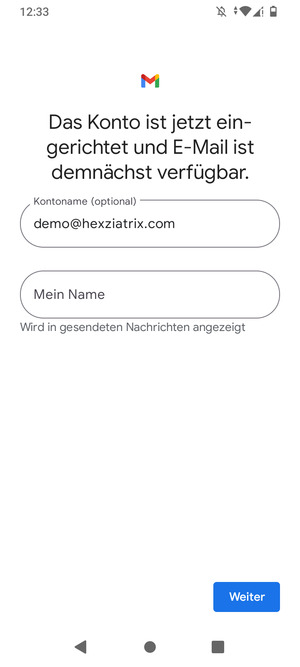Geben Sie Ihrem Konto einen Namen und geben Sie Ihren Namen ein. Wählen Sie Weiter