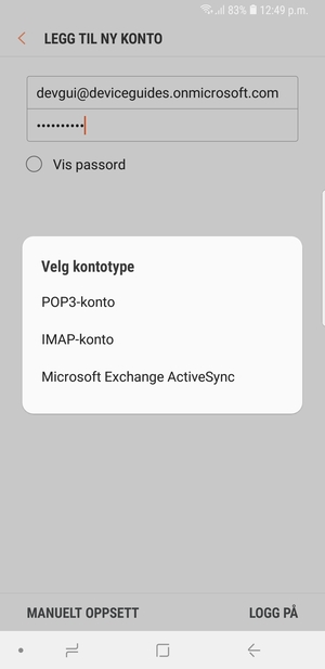 Velg Microsoft Exchange ActiveSync