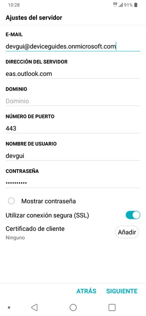 Introduzca dirección del servidor Exchange y Nombre de usuario. Seleccione SIGUIENTE
