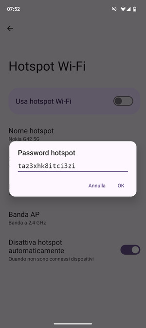 Inserisci una password dell'hotspot Wi-Fi di almeno 8 caratteri e seleziona OK