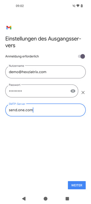 Geben Sie die Server-Adresse für ausgehende Post ein und wählen Sie WEITER