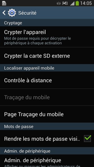 Pour activer votre écran de verrouillage, allez dans le menu Sécurité et sélectionnez Crypter l'appareil