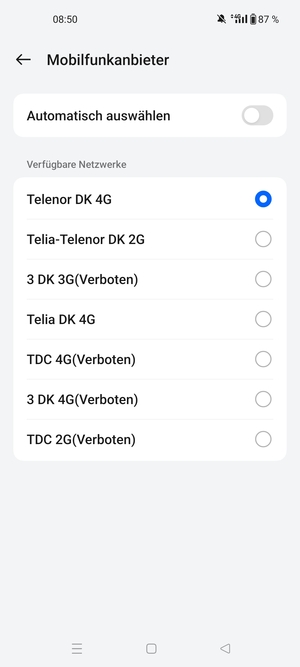 Wählen Sie einen Netzbetreiber von der Liste
