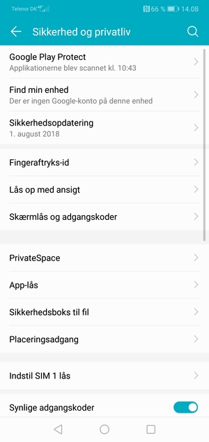 For at aktivere din skærmlås, gå til menuen Sikkerhed og privatliv og vælg Skærmlås og adgangspunkt