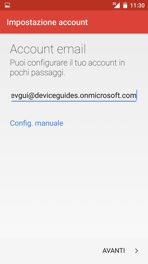 Inserisci il tuo indirizzo email e seleziona Config. manuale
