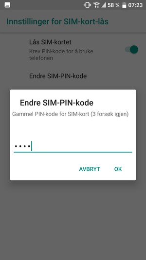 Skriv inn Gammel PIN-kode for SIM-kort og velg OK