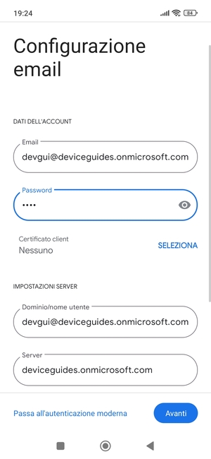 Inserisci Nome utente e l'indirizzo del server Exchange. Seleziona Avanti
