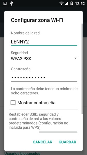 Introduzca una contraseña de punto de acceso Wi-Fi de al menos 8 caracteres y seleccione GUARDAR